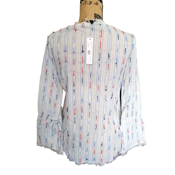 NEW XS DREW Brooklyn blouse, white with blue red stripes, bow sleeves, raw hems - Picture 4 of 6